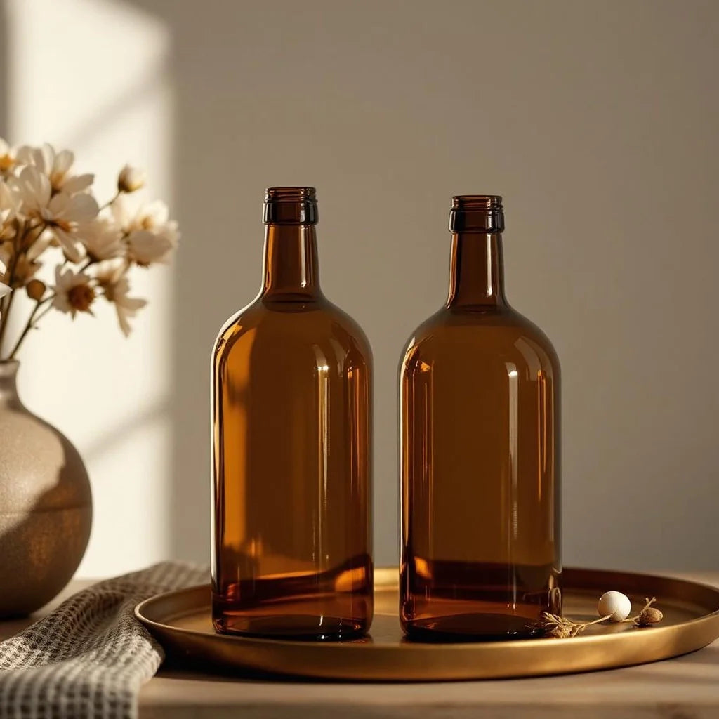 Amber Glass Decorative Bottle Pair